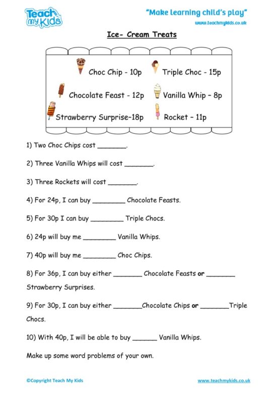 Worksheets for kids - icecream-treats